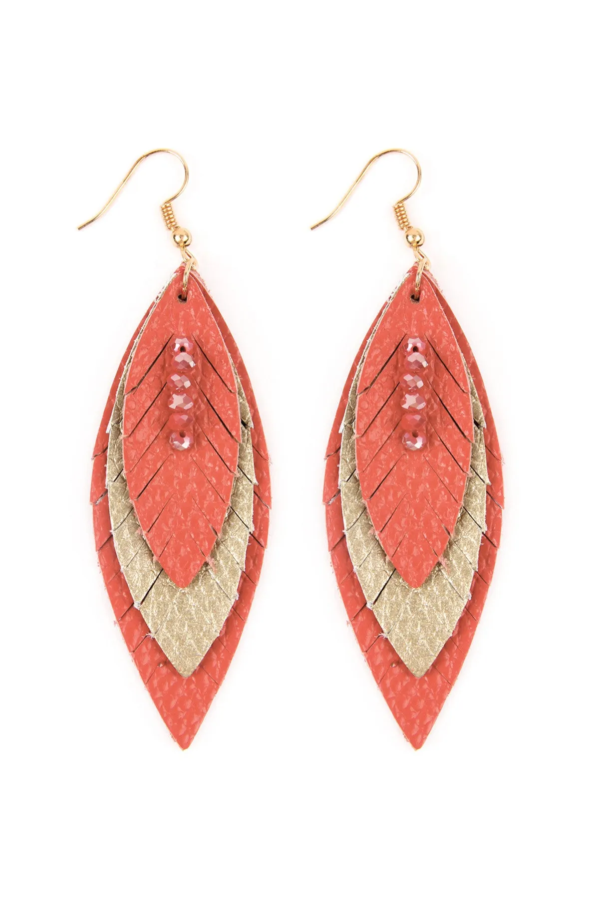 Coral Three Layer Fringed Leather Marquise Earrings - Pack of 6