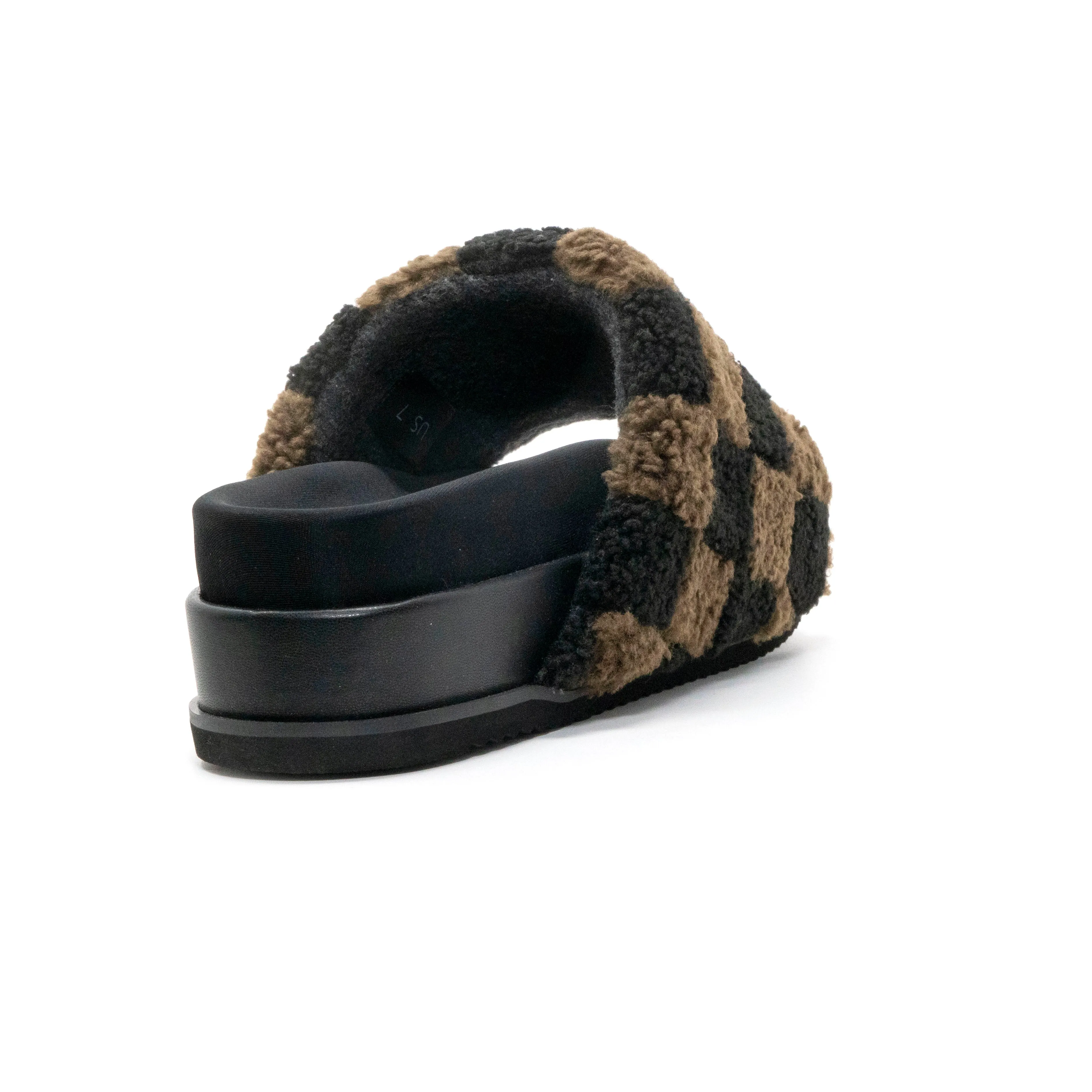 ROAM FUZZY CHECKER STACK PLATFORM BLACK & TAUPE FAUX SHEARLING