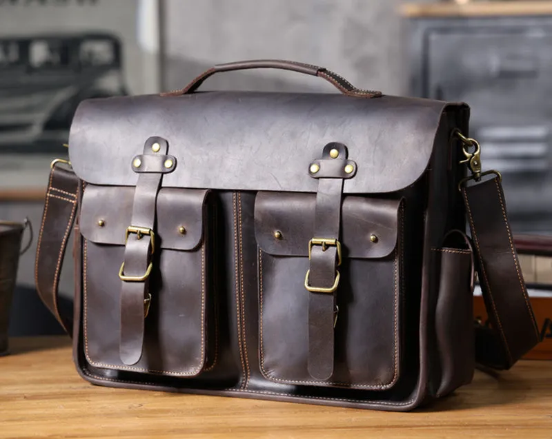 Vintage Large Leather Briefcase 14" Leather Briefcase Laptop Bag Full Grain Leather Messenger Bag Crossbody Bag For Men